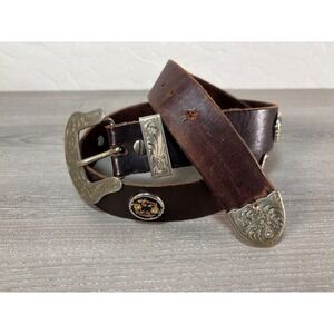 Western Wage German Silver Buckle Men's Brown Leather Belt Ornate Floral 40"